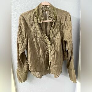 Free People Olive-Tone Ruffled Lace-Trim Blouse